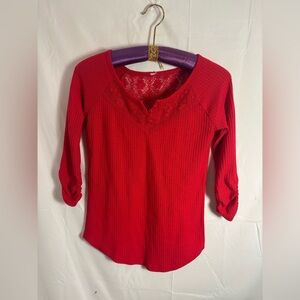 Red Waffle Knit Cottage Core Lace Neckline 3/4 Sleeve Henley Too Size S